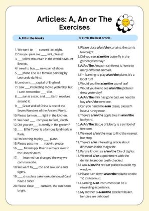 Articles Grammar Practice Worksheet Black and White Cute Simple Style
