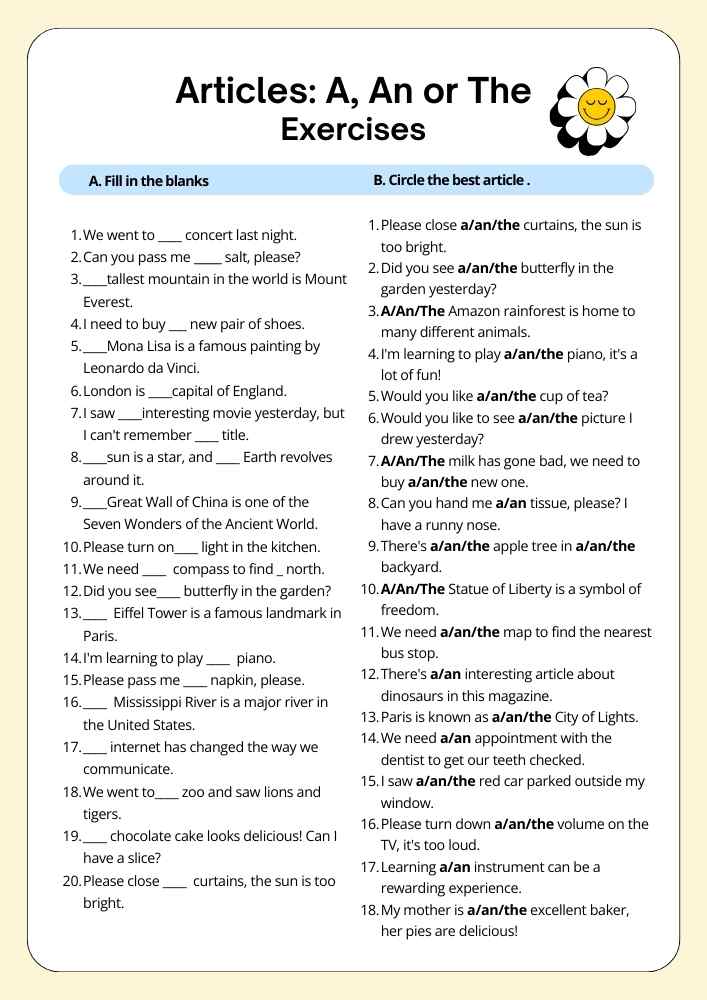 Articles Grammar Practice Worksheet Black and White Cute Simple Style