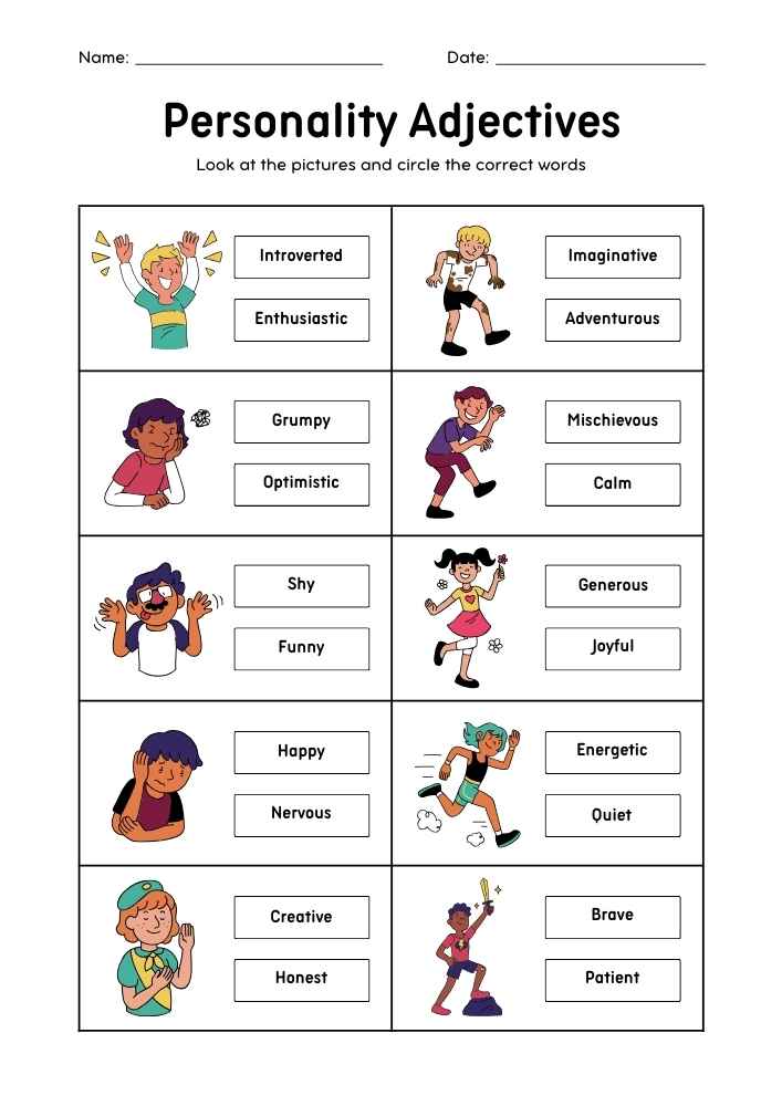 Personality Adjectives Vocabulary Worksheet